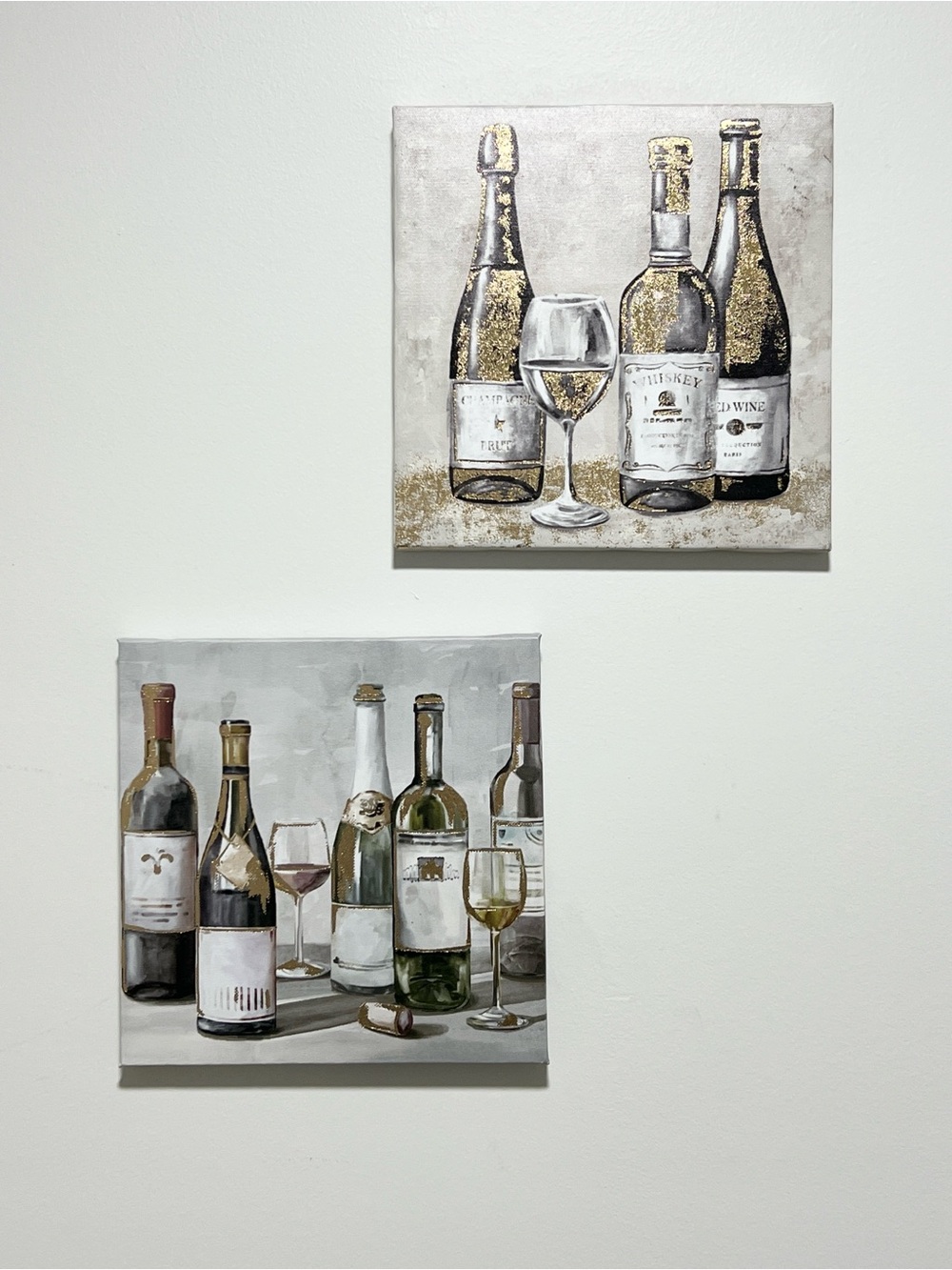 Wall Art Set - Wine Bottle Canvas Prints in Gold and White